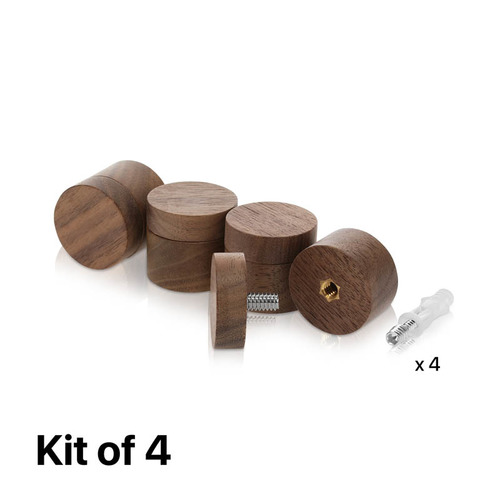(Set of 4) 1-1/4'' Diameter X 3/4'' Barrel Length, Wooden Flat Head Standoffs, Matte Walnut Wood Finish, Easy Fasten Standoff, Included Hardware (For Inside Use) [Required Material Hole Size: 5/16'']